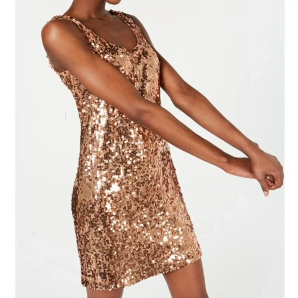 NWT Calvin Klein CK Women’s Metallic Gold Metallic Sequin Sheath Mini Dress Sz 2 - Picture 3 of 3